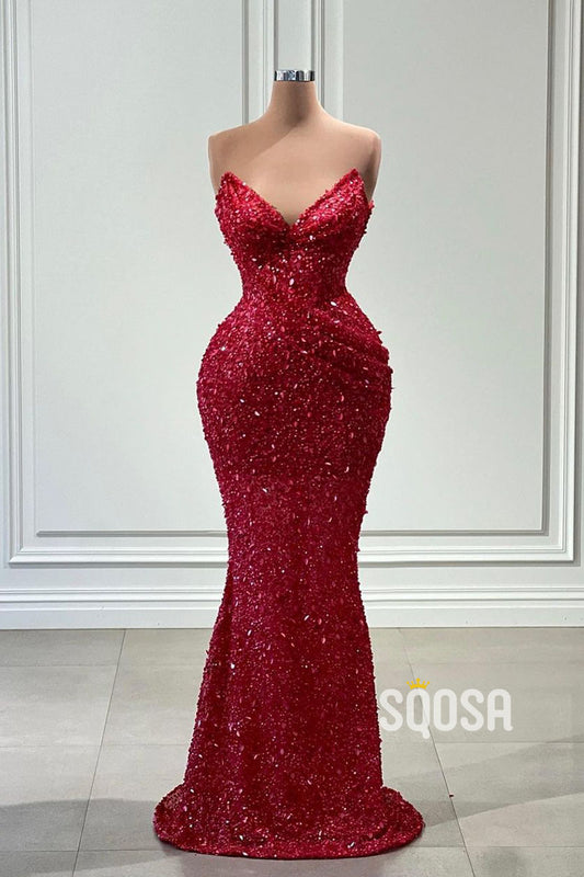 Sweetheart Strapless Sequins Red Mermaid Long Prom Dress Evening Gown QP2809