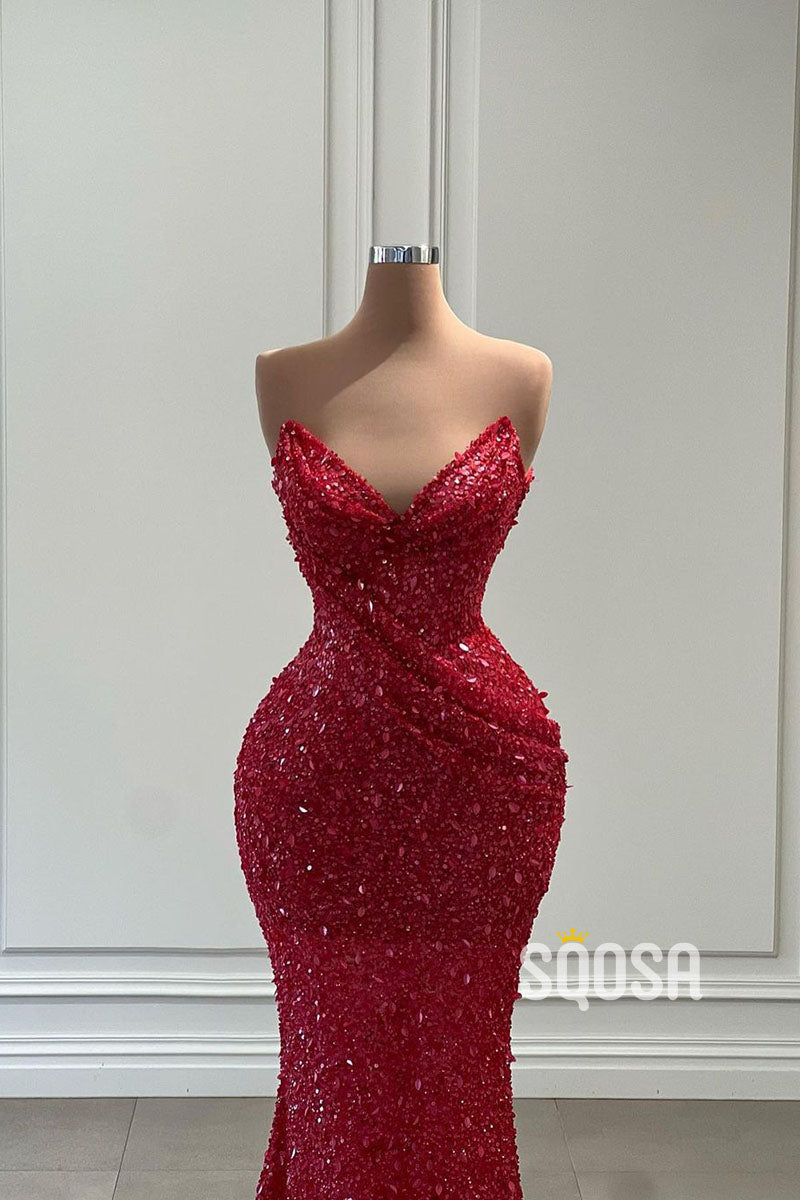 Sweetheart Strapless Sequins Red Mermaid Long Prom Dress Evening Gown QP2809