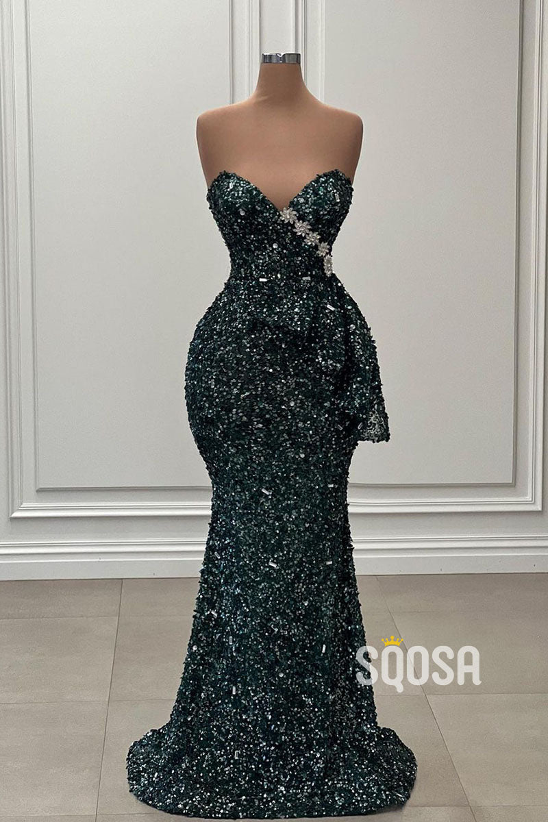 Sparkly Strapless Sequins Beaded Green Long Prom Dress Evening Gowns QP3065