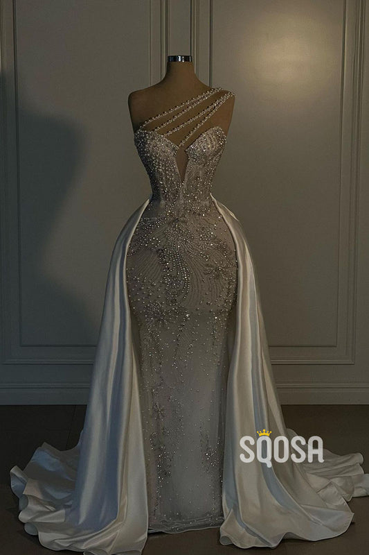 Sparkly One Shoulder Beaded V-neck Long Prom Dress Wedding Gowns QP2689