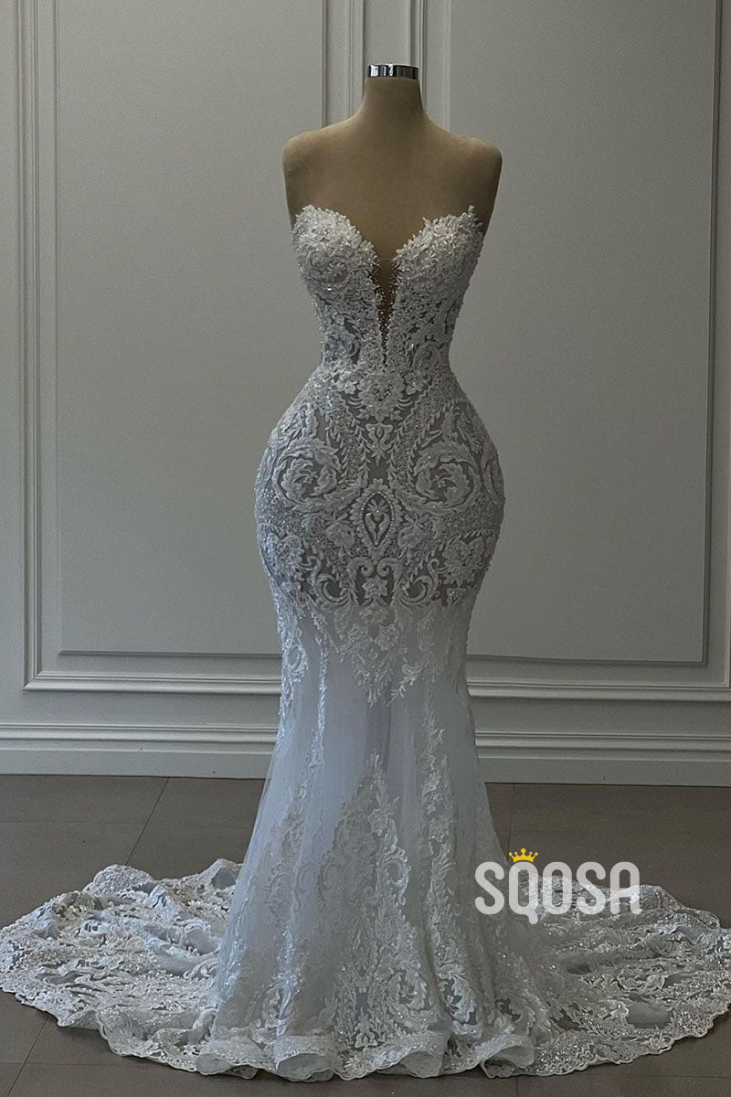 Mermaid V-Neck Applique Lace Sheer Long Prom Dress Wedding Dress QP2820