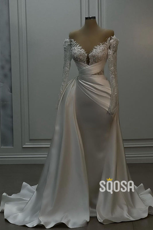 Off-Shoulder Beaded Applique SAtin Long Sleeves Prom Dress Wedding Dress QP2716