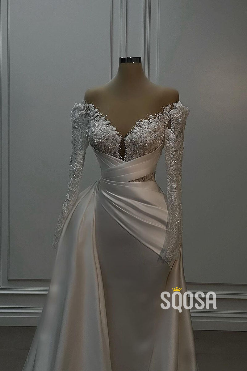 Off-Shoulder Beaded Applique SAtin Long Sleeves Prom Dress Wedding Dress QP2716