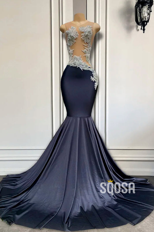 Round Sleeveless Illusion Beaded Appliques Trumpet Party Prom Evening Dress For Black Women QP3523