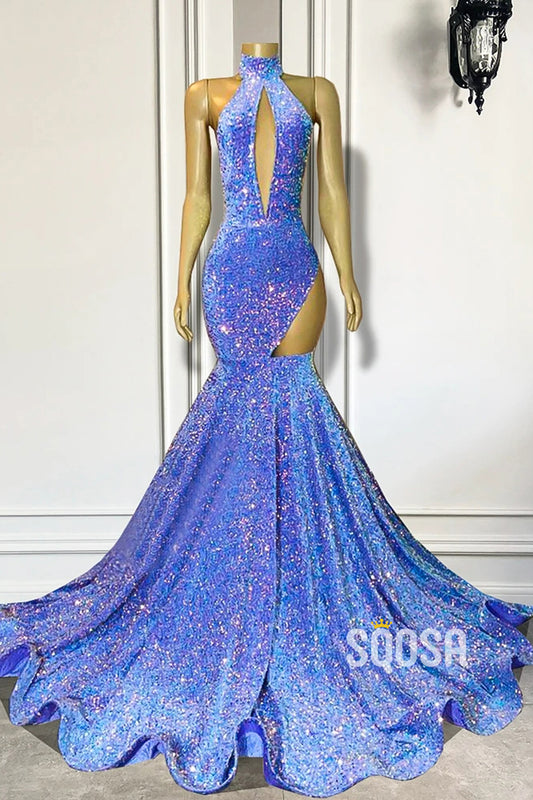 High Neck Sleeveless Illusion Sequined Trumpet Party Prom Evening Dress For Black Women QP3531