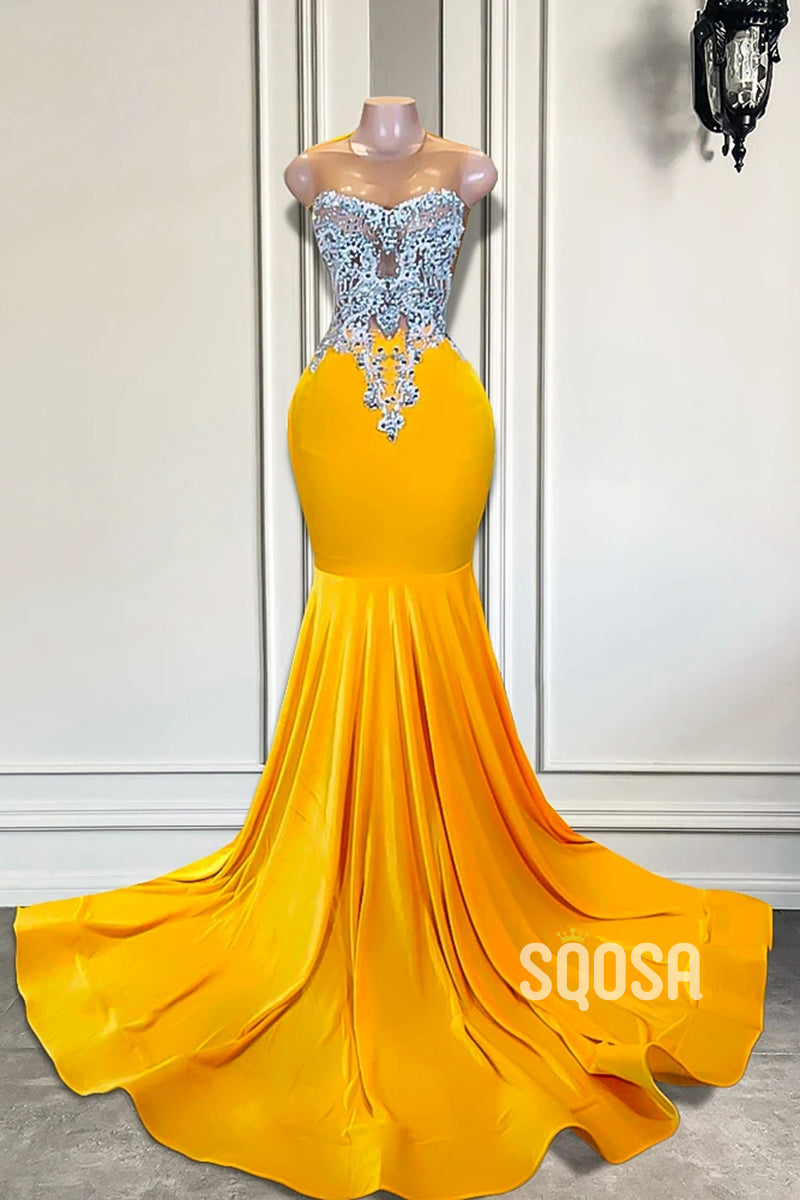 Chic Round Beaded Appliques Trumpet Party Prom Evening Dress For Black Women QP3533