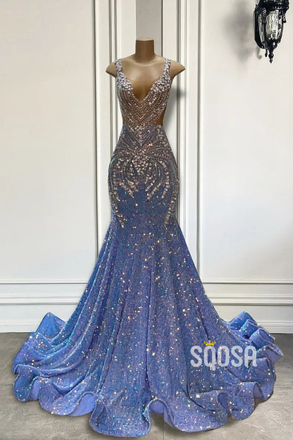 Sparkly Scoop Beaded Sequined Party Prom Evening Dress For Black Women QP3526