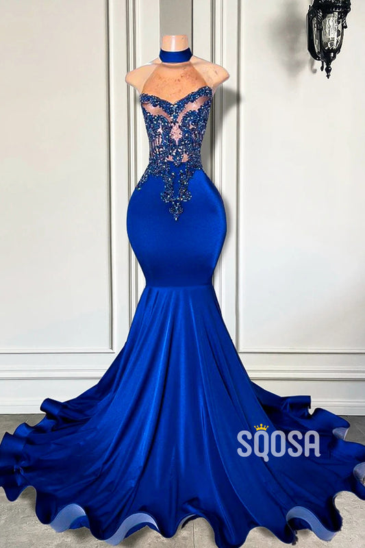 High Neck Sleeveless Illusion Beaded Appliques Party Prom Evening Dress For Black Women QP3535