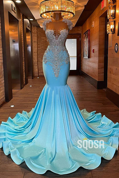 Sparkly Trumpet Round Beaded Appliques Party Prom Evening Dress For Black Women QP3536