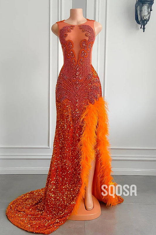 Chic Round Trumpet Beaded Sequined Feathers Party Prom Evening Dress For Black Women QP3524
