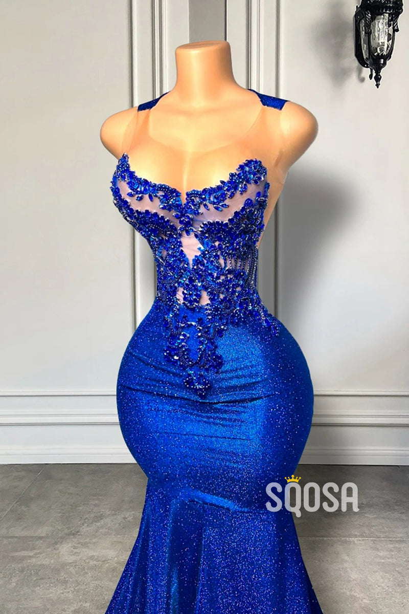 Scoop Illusion Beaded Sleeveless Trumpet Party Prom Evening Dress For Black Women QP3534