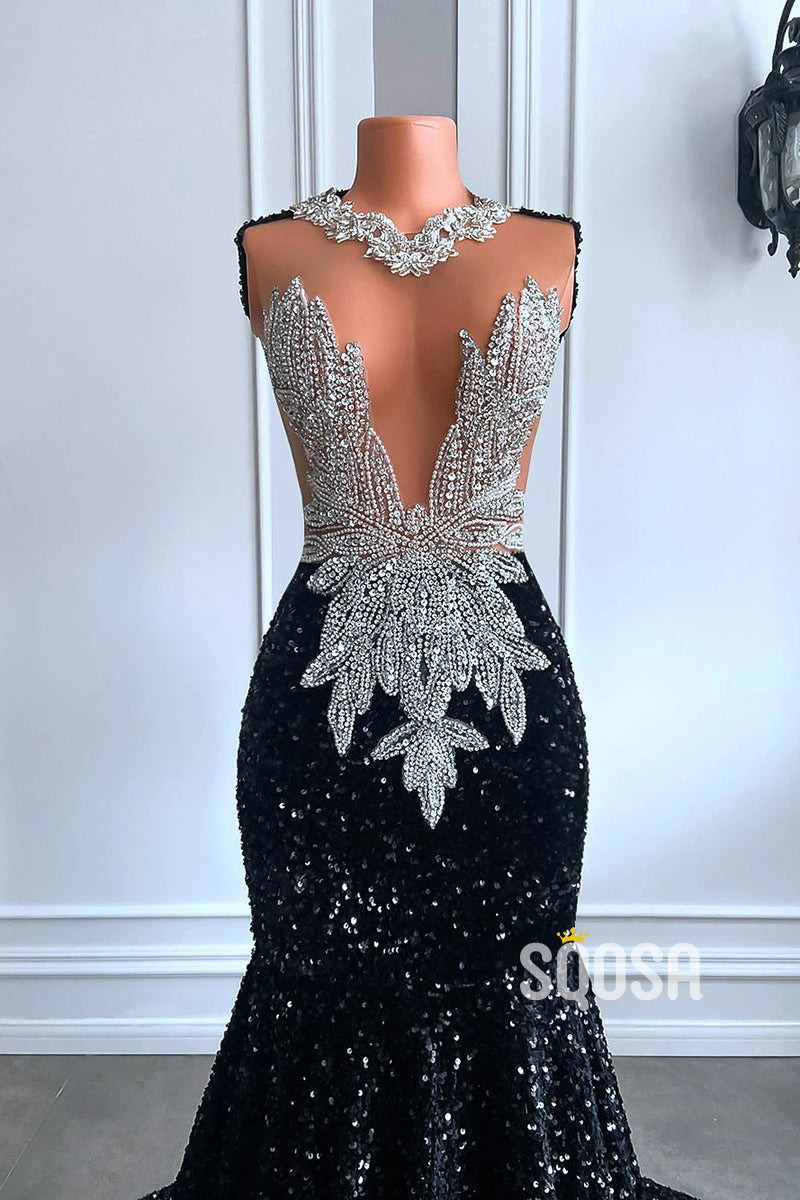 Chic Trumpet Illusion Beaded Sequined Party Prom Evening Dress For Black Women QP3529