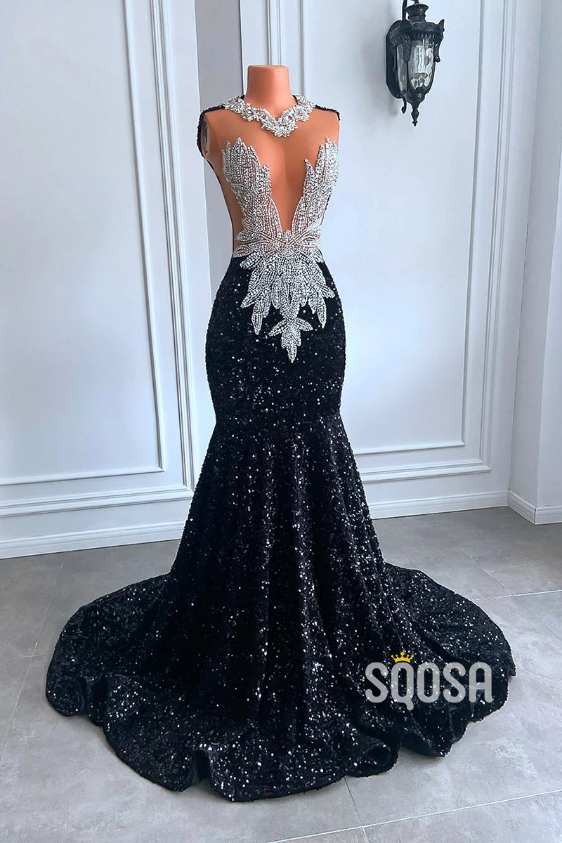 Chic Trumpet Illusion Beaded Sequined Party Prom Evening Dress For Black Women QP3529