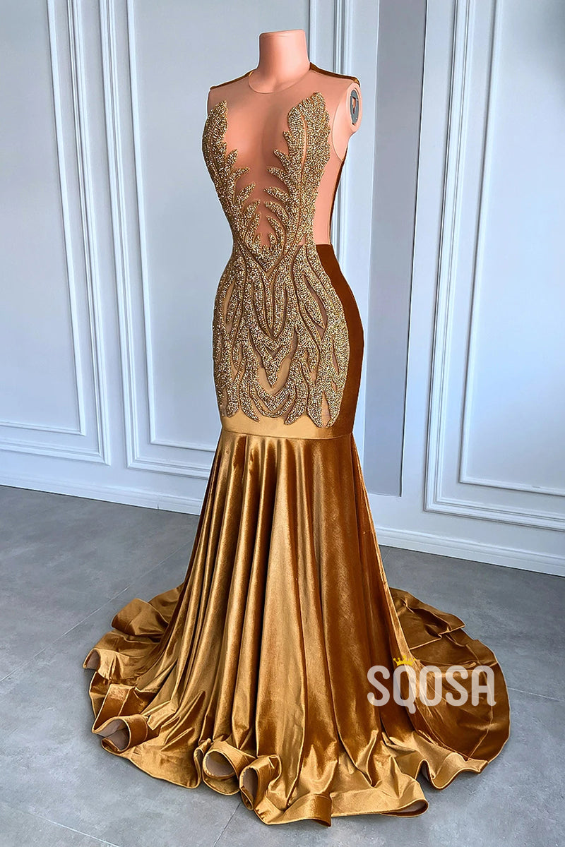 Sheer Round Beaded Trumpet Party Prom Evening Dress For Black Women QP3539