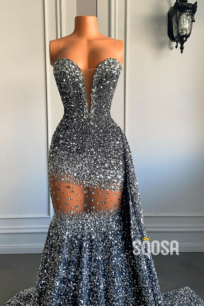 Sweetheart Strapless Beaded Illusion With Train Party Prom Evening Dress For Black Women QP3537