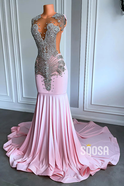 Trumpet Round Sleeveless Beaded Party Prom Evening Dress For Black Women QP3527