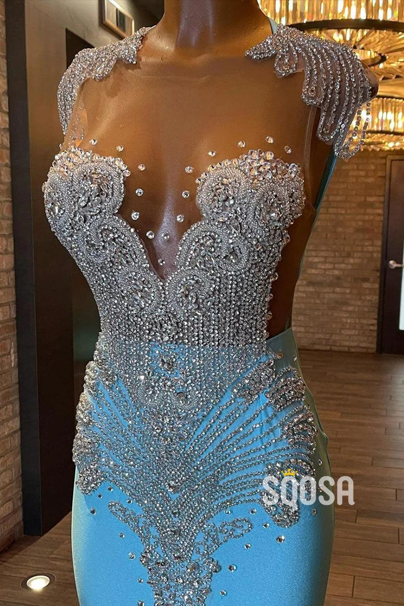 Sparkly Trumpet Round Beaded Appliques Party Prom Evening Dress For Black Women QP3536
