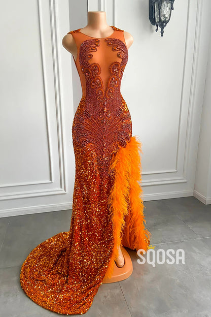 Chic Round Trumpet Beaded Sequined Feathers Party Prom Evening Dress For Black Women QP3524