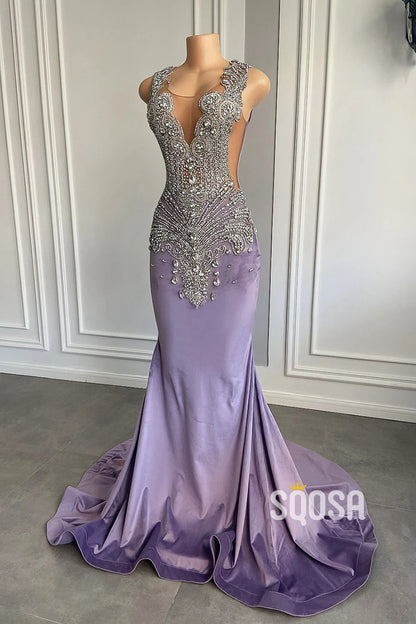 Scoop Sleeveless Beaded With Train Party Prom Evening Dress For Black Women QP3530