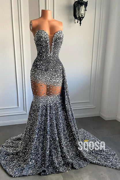 Sweetheart Strapless Beaded Illusion With Train Party Prom Evening Dress For Black Women QP3537