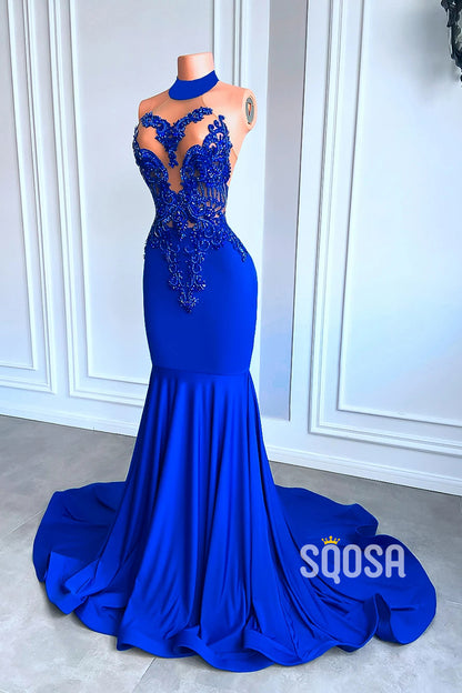 High Neck Sleeveless Illusion Beaded Appliques Party Prom Evening Dress For Black Women QP3535