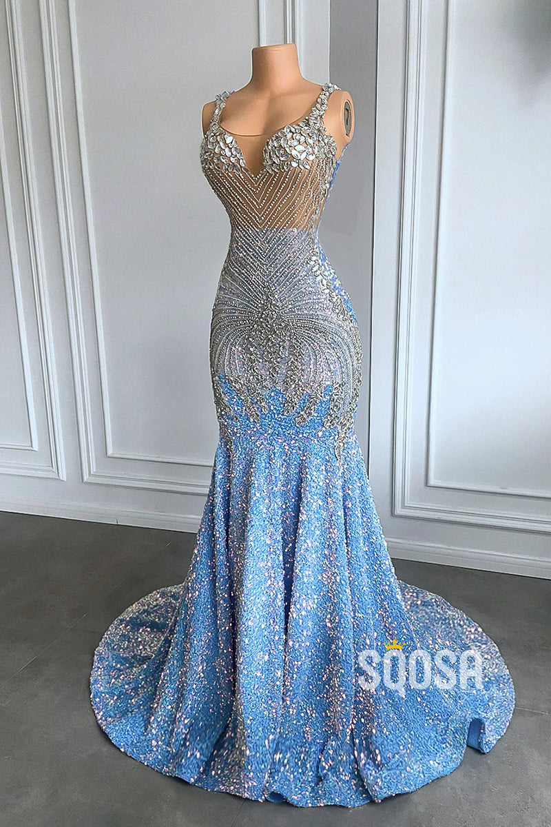 Sparkly Scoop Beaded Sequined Party Prom Evening Dress For Black Women QP3526