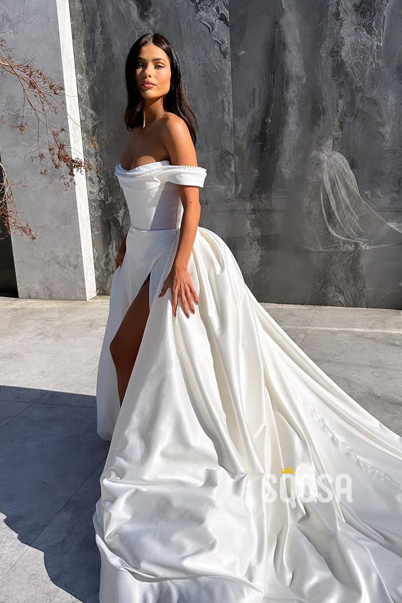 QW8000 - Elegant & Luxurious A-Line Off-Shoulder Beaded Satin White Simple Bridal Gowns