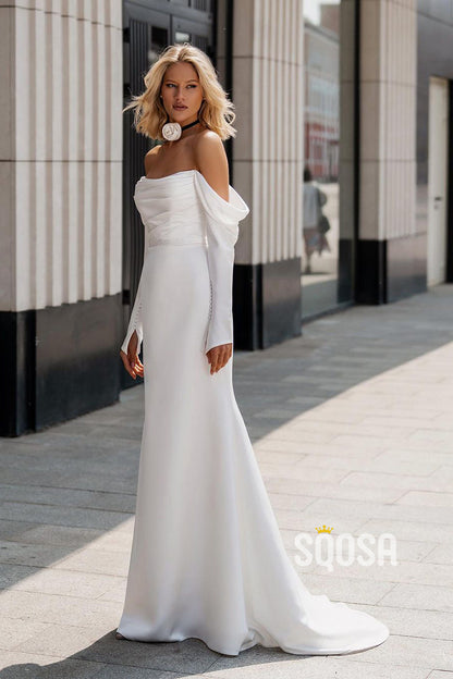 Off-Shoulder Long Sleeves Pleats Satin Wedding Dress Bridal Gown With Train QW8018