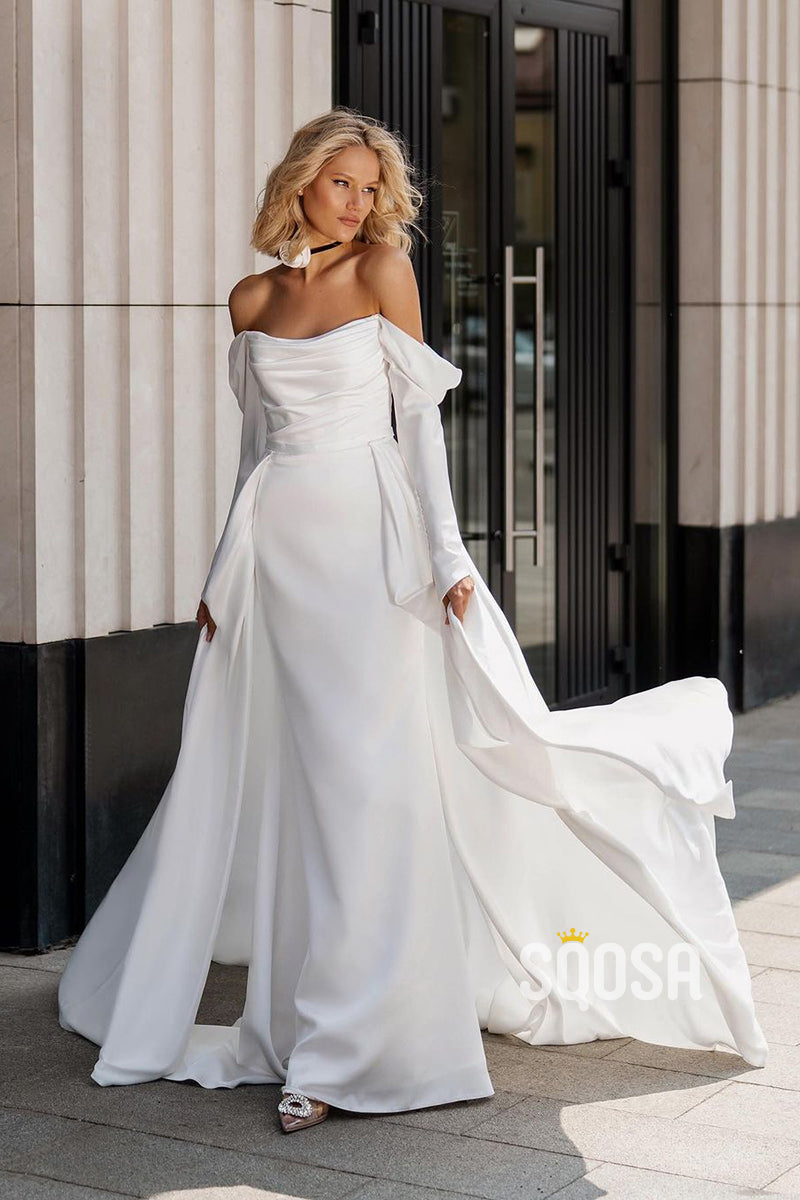 Off-Shoulder Long Sleeves Pleats Satin Wedding Dress Bridal Gown With Train QW8018