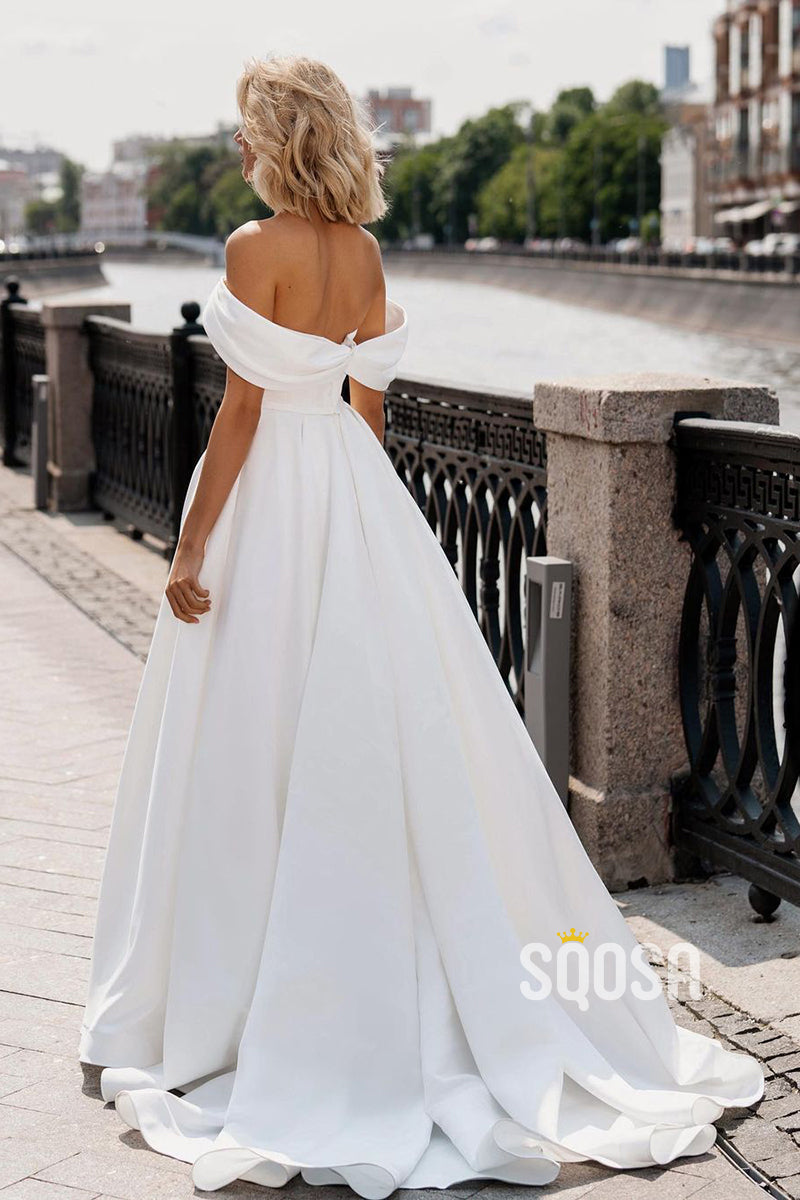 Chic & Modern A-Line Off-Shoulder Satin Waist Wedding Dress Bridal Gown QW8017