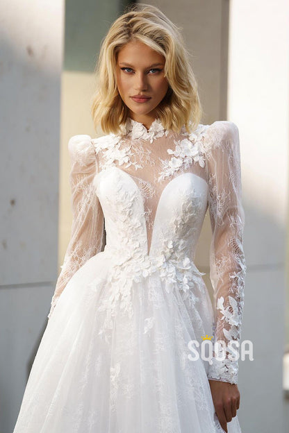 A-Line High Neck Lace Long Sleeves Wedding Dress Bridal Gowns With Train QW8085