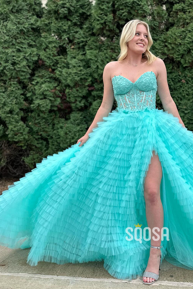 A-Line Strapless Applique Blue Tulle Ball Gown Long Prom Dress With Split QP1126