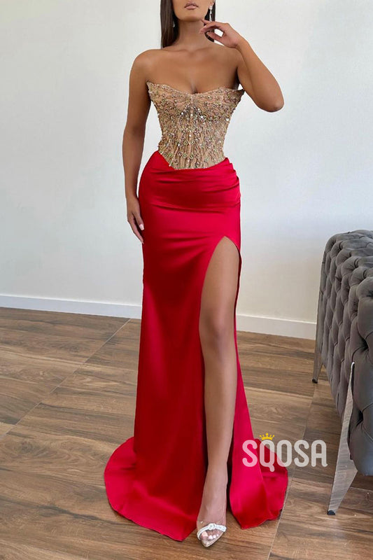 Strapless Fitted Beaded Appliques With Side Slit Party Prom Evening Dress QP3291