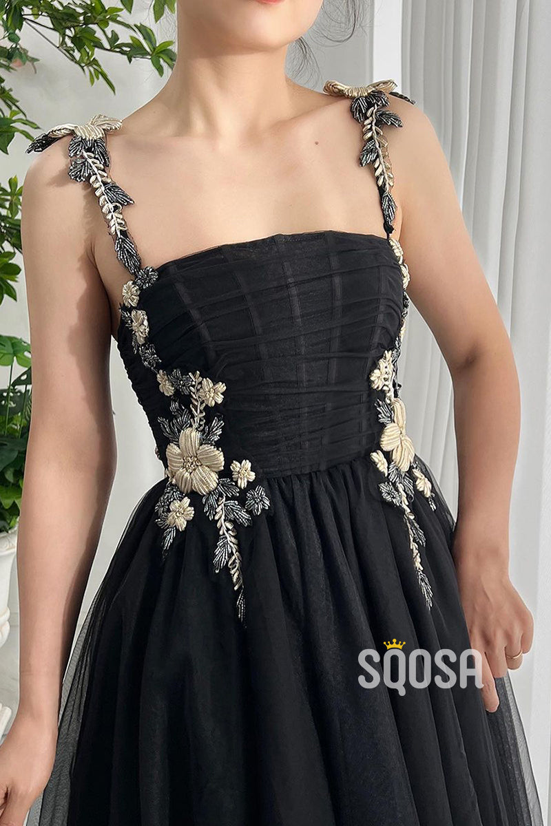 Tulle A-Line Spaghetti Straps Floral Appliqued Party Prom Evening Dress  QP3327