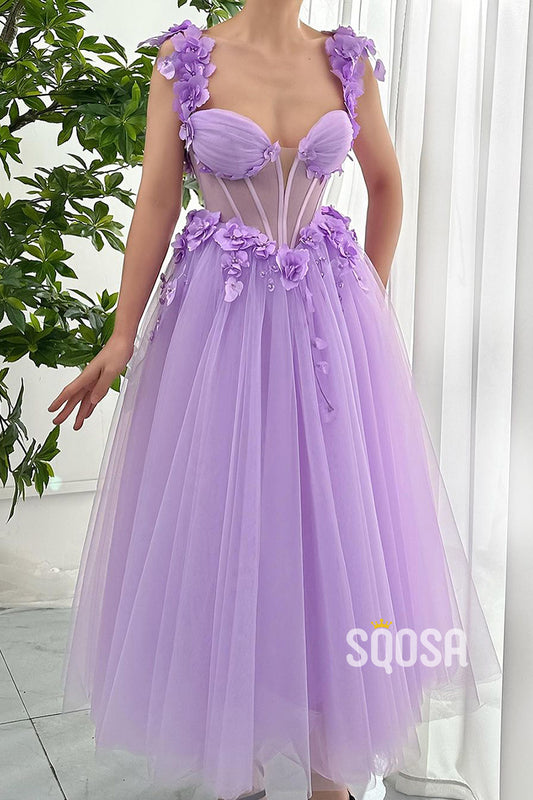 Tulle A-Line Sweetheart Spaghetti Straps Floral Appliqued Party Prom Evening Dress  QP3325