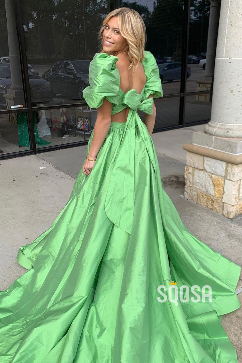 A-Line Square Two-Piece Green Long Prom Dress With Split Evening Gowns QP3226