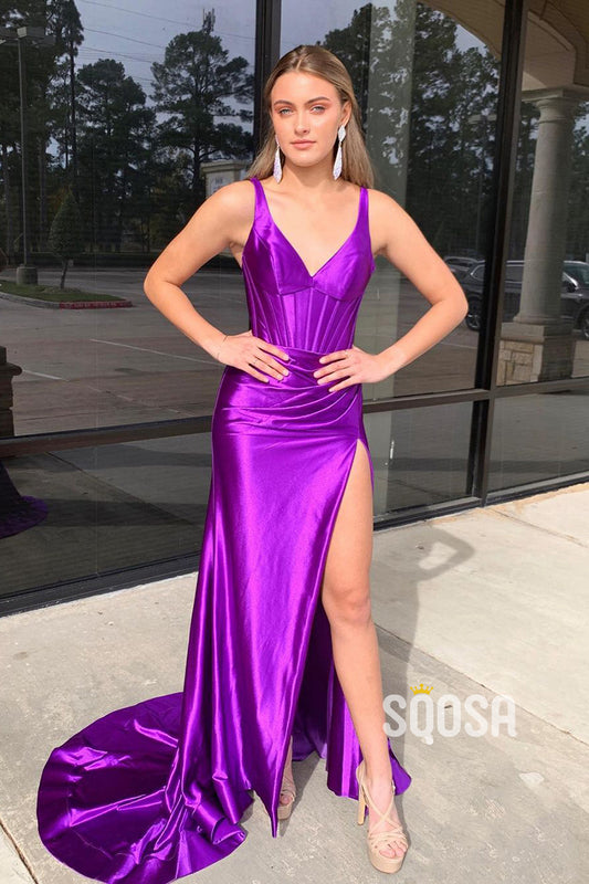 Purple V-Neck Satin Long Prom Dress With Split Evening Gowns QP3214