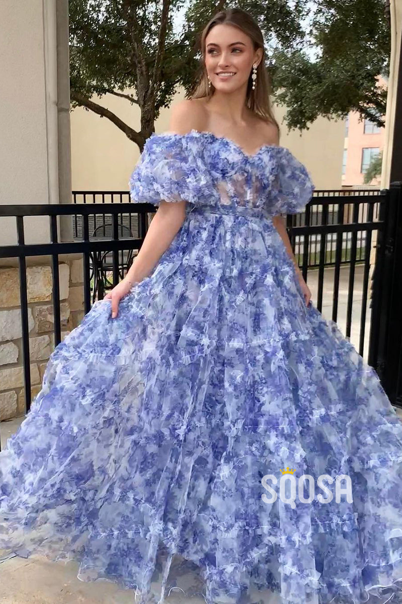 A-Line Off-Shoulder Ball Gown Tulle Printing Long Prom Dress Evening Gowns QP3209