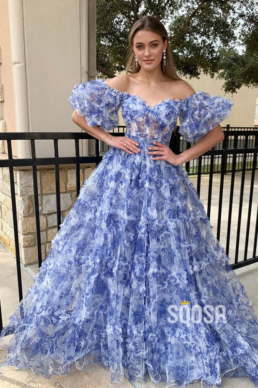 A-Line Off-Shoulder Ball Gown Tulle Printing Long Prom Dress Evening Gowns QP3209