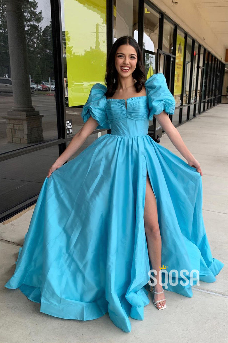 A-Line Ball Gown Square Blue Pleats Long Prom Dress With Split Evening Gowns QP3207