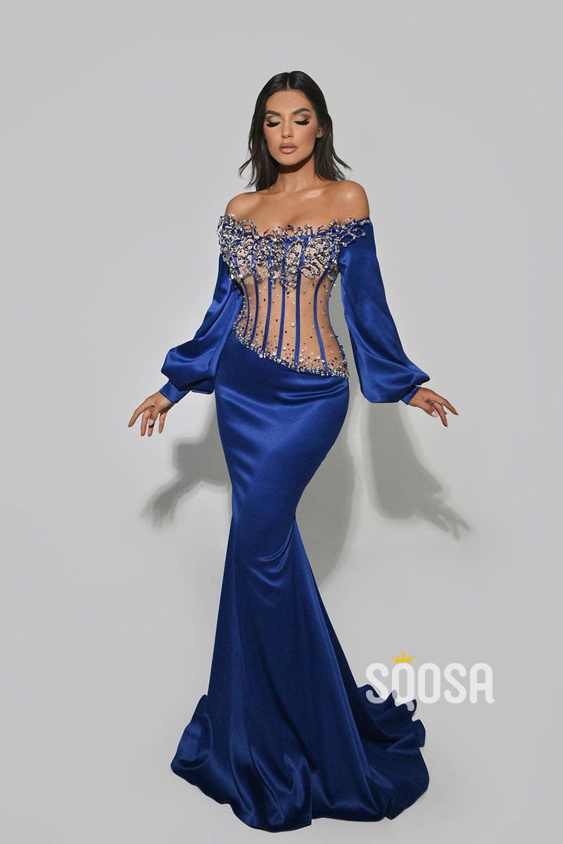 Mermaid Off-Shoulder Beaded Illusion Blue Long Prom Dress Evening Gown QP2855