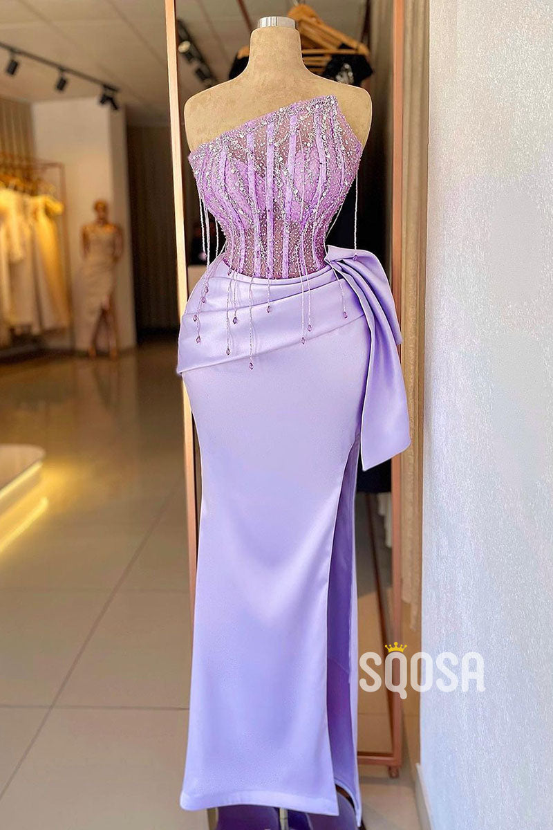 Plunging Strapless Beaded Fringe Lilac Sparkly Pleats Long Prom Dress QP2874