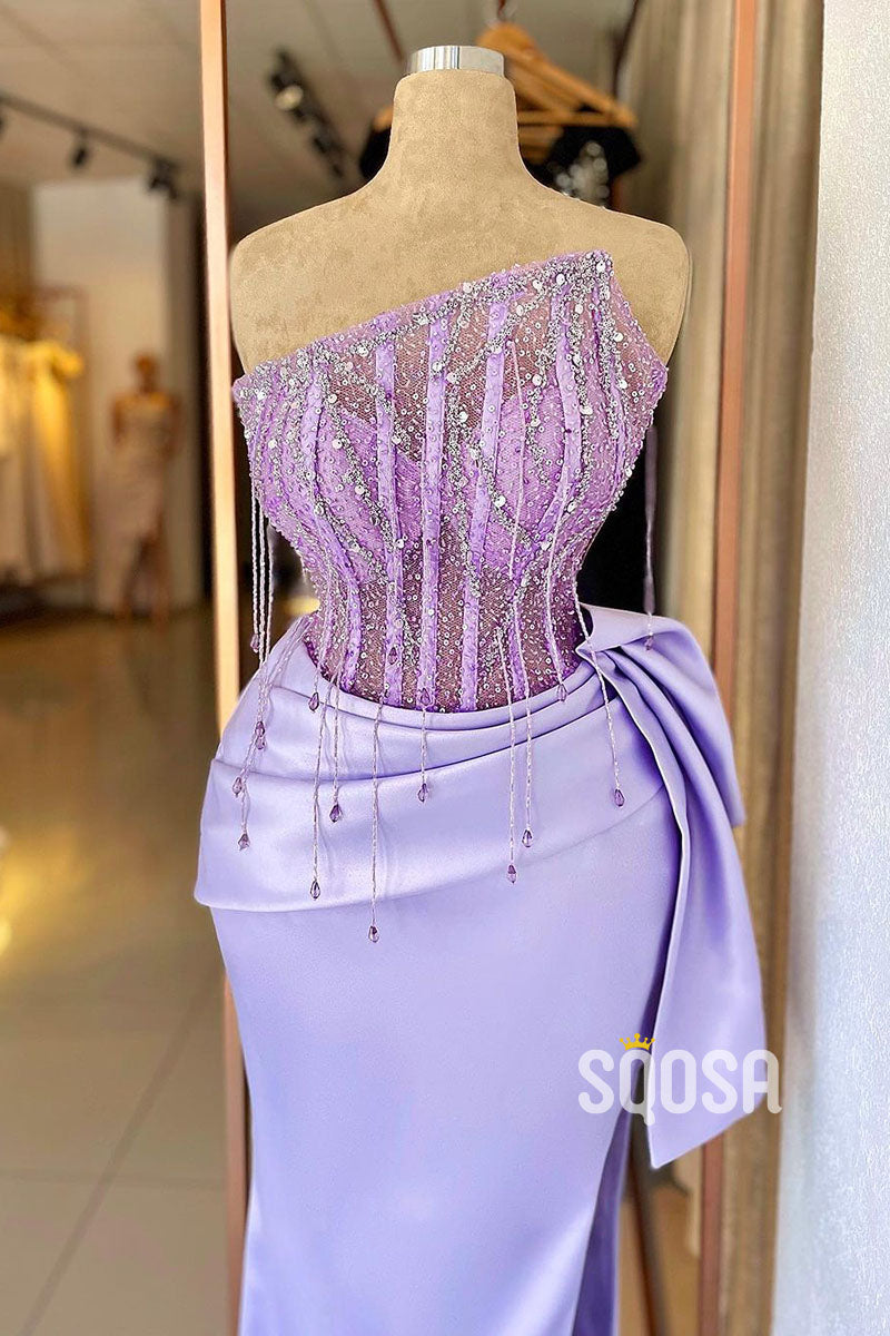 Plunging Strapless Beaded Fringe Lilac Sparkly Pleats Long Prom Dress QP2874