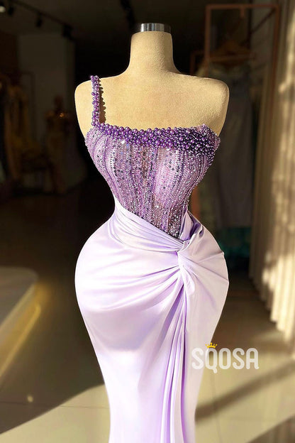Chic & Modern One Shoulder Beaded Illusion Lilac Pleats Satin Prom Dress QP2867