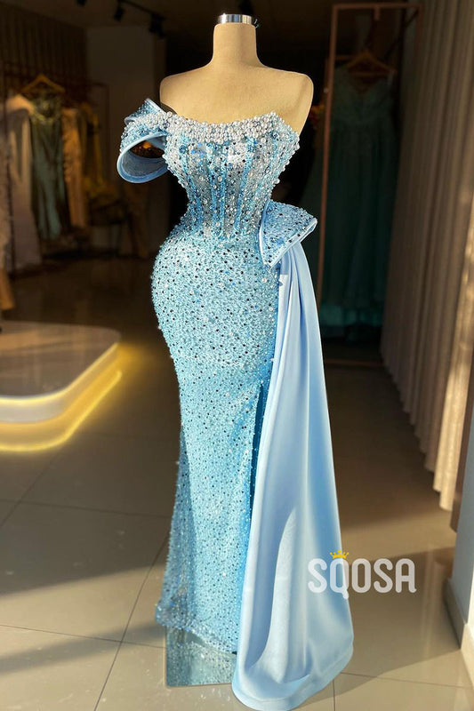 Elegant & Luxurious Blue One Shoulder Beaded Embroidered Prom Dress QP2872