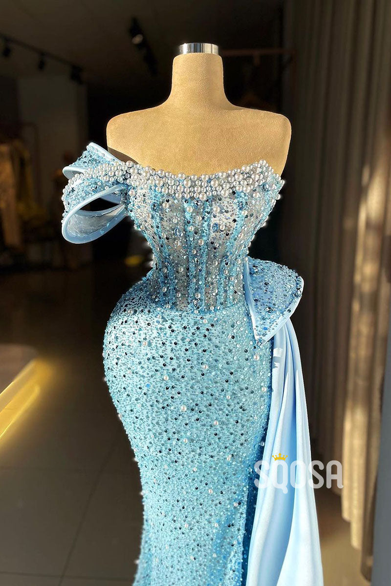 Elegant & Luxurious Blue One Shoulder Beaded Embroidered Prom Dress QP2872