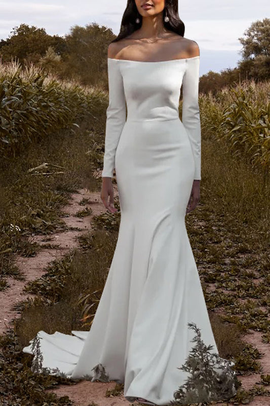 Hall Casual Wedding Dress Off Shoulder Long Sleeves Simple Summer Bridal Gowns QW2366