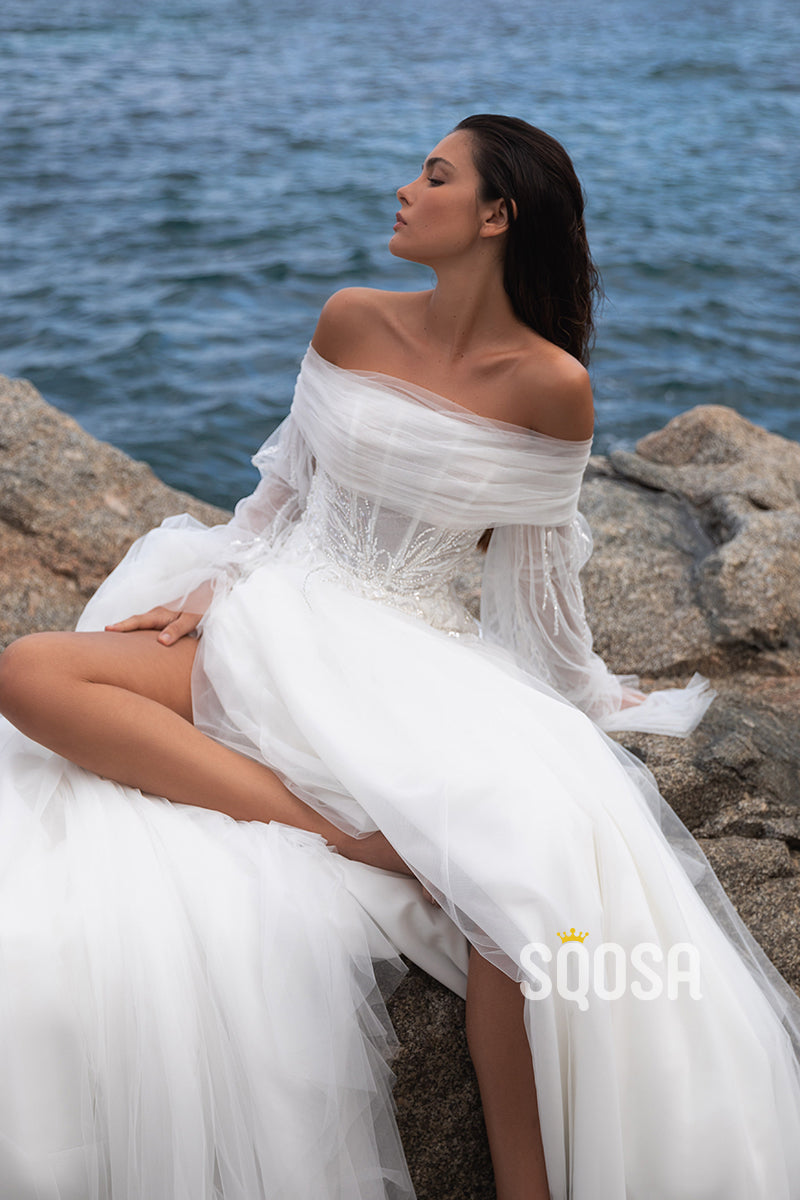 Tulle A-Line Detachable Off-Shoulder Empire Beaded Appliques With Side Slit Beach Wedding Dress QW8125