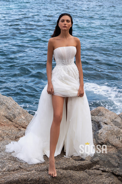 Tulle A-Line Detachable Off-Shoulder Empire Beaded Appliques With Side Slit Beach Wedding Dress QW8125