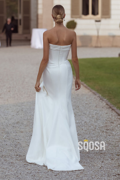 Bateau Strapless Empire Pleats With Side Slit Train Fitted Wedding Dress QW8122